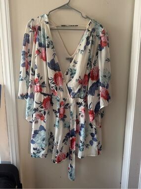 bailey blue White Floral Surplice Top with Blue Accents